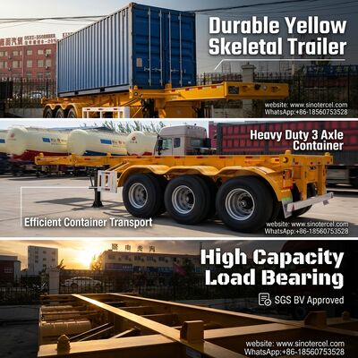 Kontainer tipe kerangka Semi trailer Kuning Kapasitas Beban yang Luar Biasa 3 Poros Kontainer Tarik