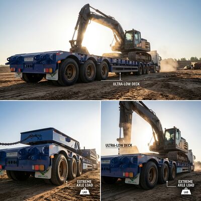 Semi Lowbed Trailer 60t 3 Axle Low Bed Trailer Pull Container Cocok untuk Pulling Mesin Konstruksi dan Excavator