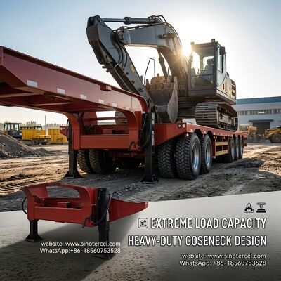 Semi Lowbed Trailer 60t 3 Axle Low Bed Trailer Tarik Kontainer Terapan di Daerah Berbatas Ketinggian Mengemudi dengan lancar